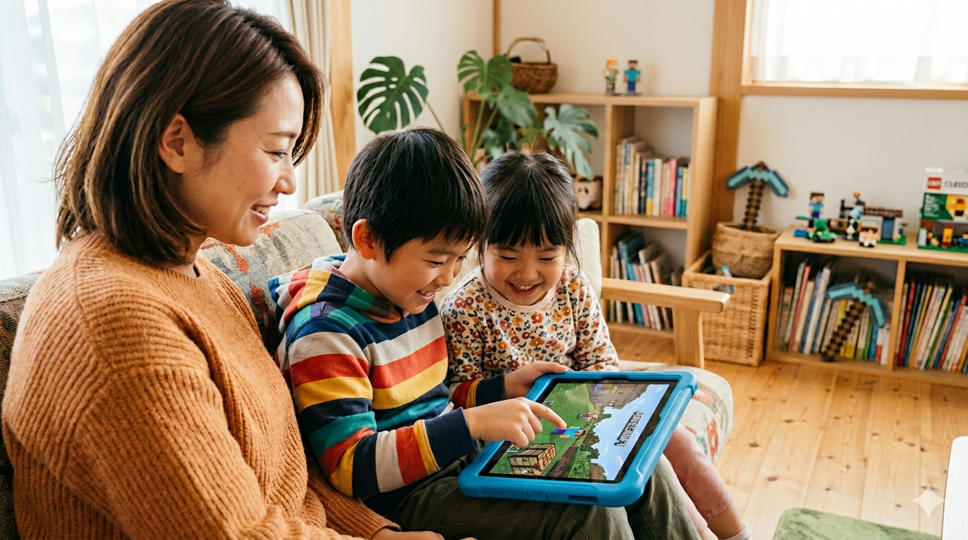 マインクラフトは子供の知育に効果がある？小学生・保育園児のママが実際に使ってみた感想をレビュー。プログラミング思考や創造力が身につくメリット、夢中になりすぎるデメリットまで、30代在宅ママの視点でリアルに解説します。